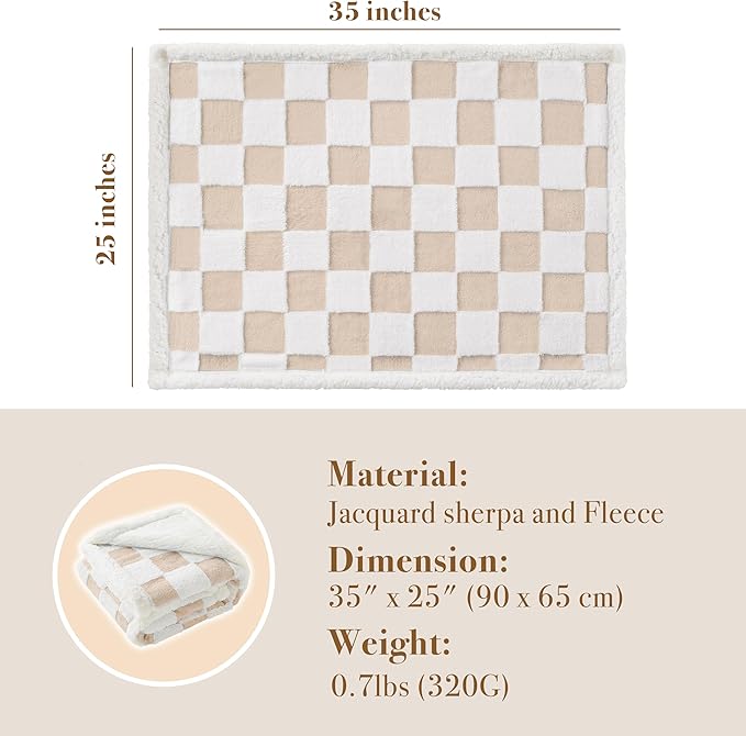 Checkered Dog Blanket, Beige Khaki Jacquard Sherpa Blankets for Small Dog and Cats, Cute Aesthetic Style Fluffy Fleece Pets Blanket for Couch Protection Washable, 25"x35"