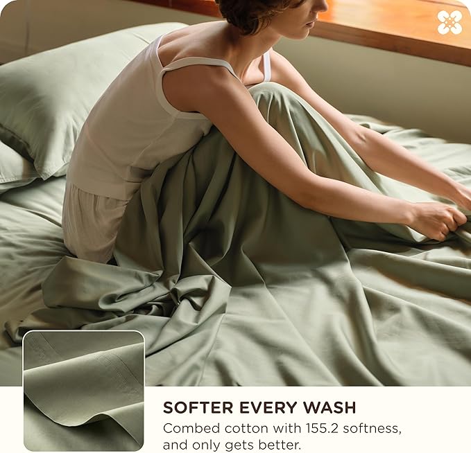Bedsure Cooling Sheets, Rayon Derived from Bamboo & Cotton Blend, GentleSoft, Breathable, King Size Sheets Set, Deep Pocket Up to 18", Hotel Luxury Bedding for Hot Sleepers, Tea Green