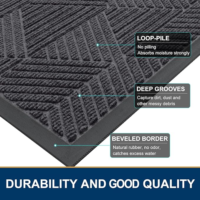 Smiry Front Door Mat Outside Entrance, Heavy Duty Sturdy Natural Rubber Doormat, Trap Dirt and Moisture, Easy Clean Low Profile Mats for Indoor Outdoor Entry, Irregular Triangle (59x35, Medium Grey)