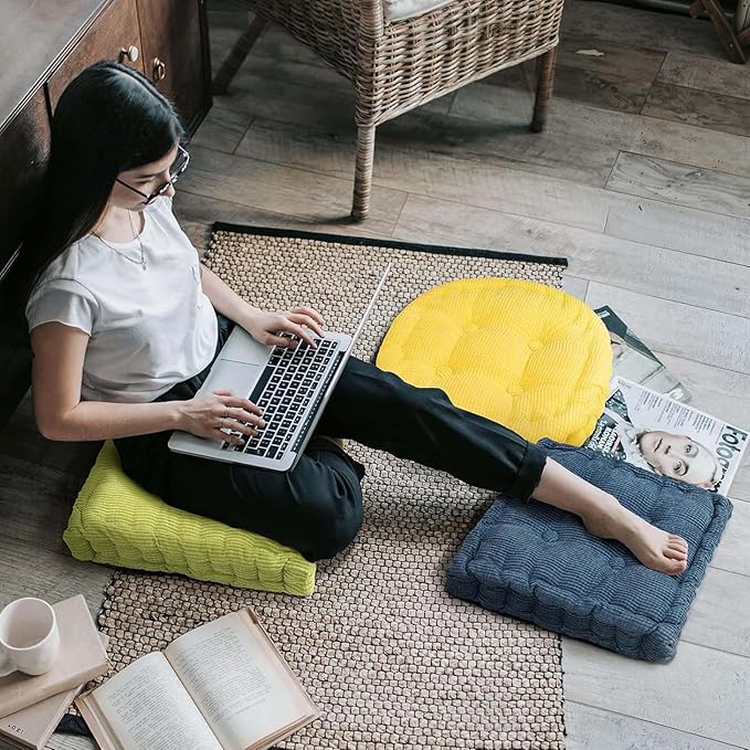 Meditation Floor Pillow Set of 2 Large Square and Round Floor Cushions for Adults Ivory Corduroy Floor Seat Pillows Cushion for Living Room Balcony Tatami Yoga,18x18 Inch