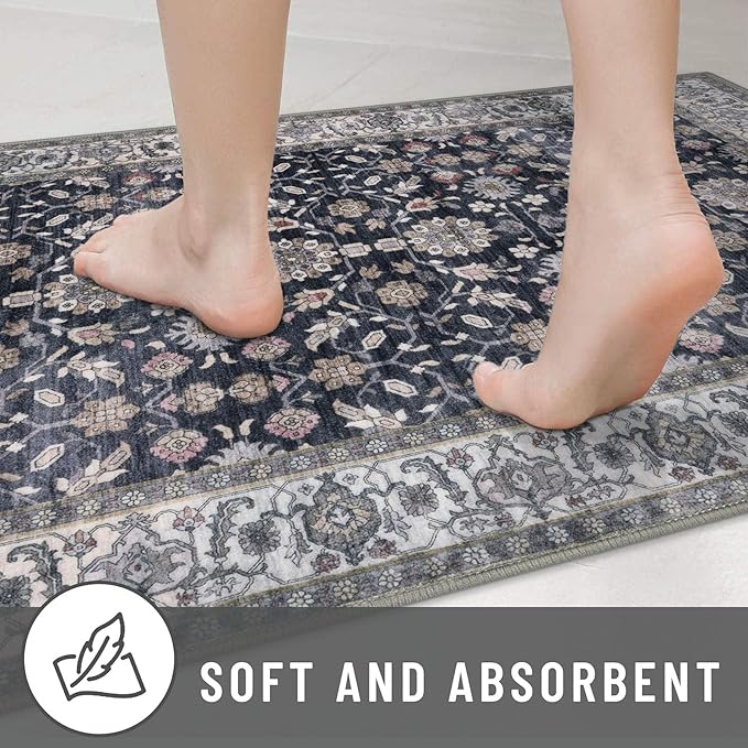 KUTA Runners for Hallways 2x6, Vintage Floral Rug Non-Slip Washable Kitchen Rugs Grey Black Beige Ultra Thin Soft Printed Distressed Flower Carpet Entryway Rugs for Bedroom Laundry Nursery