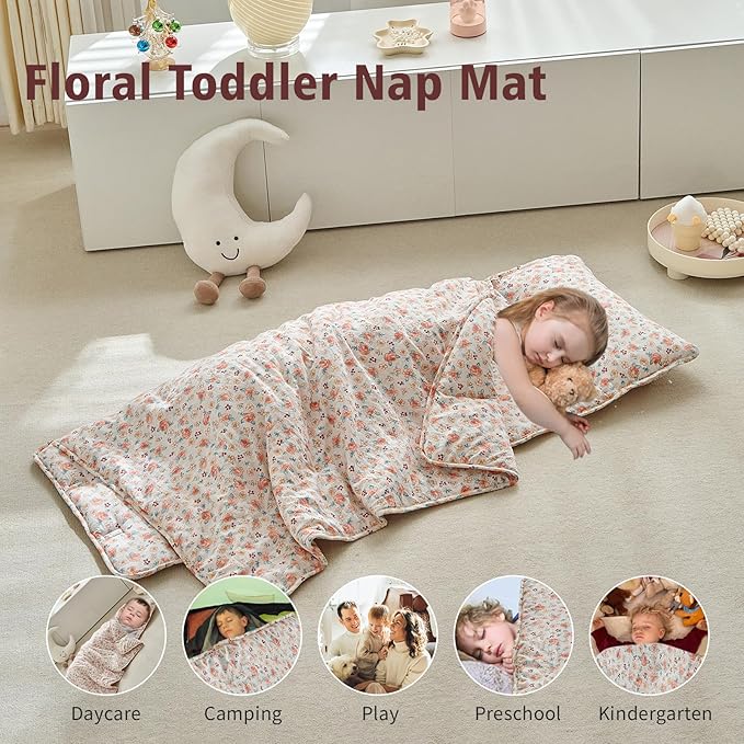 Toddler Nap Mat with Removable Pillow,Ultra Soft Slumber Bags for Girls,Kids Sleeping Bags with Roll Up Design, Perfect for Preschool,Daycare,Kindergarten
