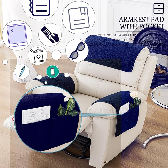 Armrest Cover, Recliner Chair Protector, Furniture Protector Slip, Side Storage Pocket, Stretch Armchair Couch Arm Rest Cover for Recliner, Chair, Sofa (Navy Blue,3 Seater(5pcs))