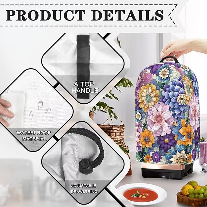 Boho Flower Bright Blossom Countertop Blender Cover Kitchen Appliance Dust Protection Cover Anti Fingerprint Easy to Clean Standard Countertop Blender Appliance, Machine Washable