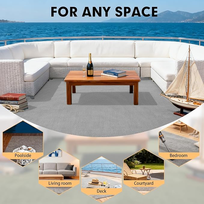 Marine Carpet,5 FT x 10 FT Smoke Gray Indoor Outdoor Carpet 0.2" Thick Boat Carpet with Water-Proof TPE Backing, Non-Slide Outdoor Marine Carpet Roll for Home, Patio, Porch, Deck