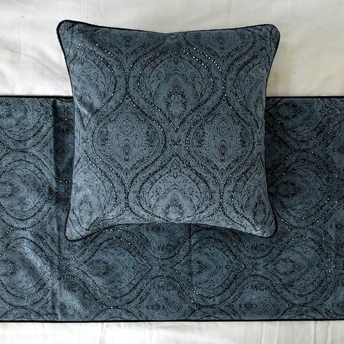 The HomeCentric King/Queen/Twin Gray Decorative King 90"x18" Bed Runner with One Pillow Cover, Damask, Victorian & Bead Embroidery Bed Scarf on Suede Fabric - Beatrice