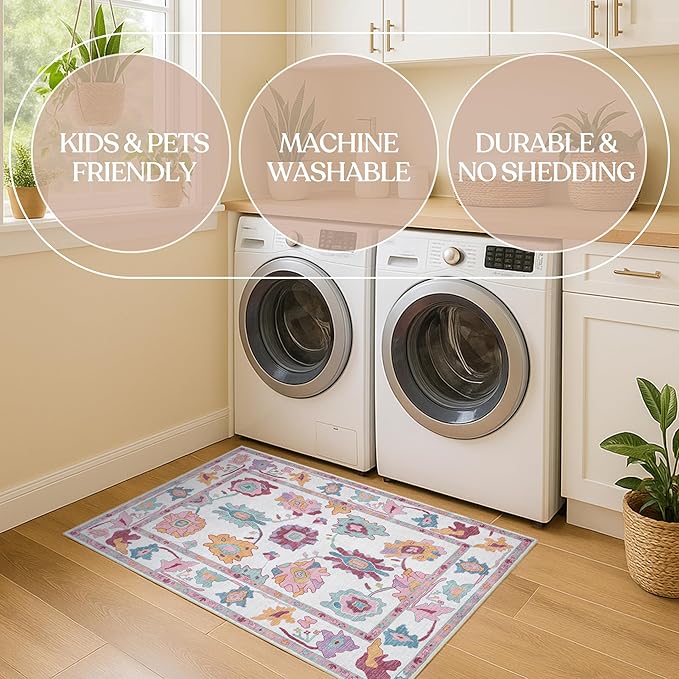 Fame Living Pink Oushak Rug, Modern, Vintage, Turkish, Eclectic, Floral, Pastel, Washable, Large Area Rugs for Living Room, Dining, Bedroom, Girls, Boys, 7'5"x9'8"