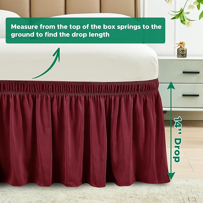 Biscaynebay Wrap Around Bed Skirts for King & Cal King Beds 14" Drop, Burgundy Adjustable Elastic Dust Ruffles Easy Fit Wrinkle & Fade Resistant Silky Luxurious Fabric Solid Machine Washable