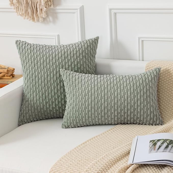 Kevin Textile 14x24 Inch Pillow Cover 1 Pack Boho Decorative Soft Striped Corduroy Lumbar Farmhouse Color Accent Rectangle Cushion Case for Living Room Couch Sofa Bed, Greyish Green