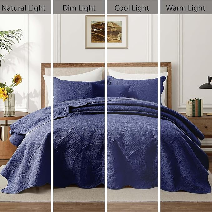 IR Imperial Rooms 8 Pack Quilt King Size Bedding (106" x 96") - Bulk Wholesale for Hotels, Guest Bedroom & Airbnbs - Lightweight Microfiber Reversible Floral Embossed Quilts Bedspreads (Navy)