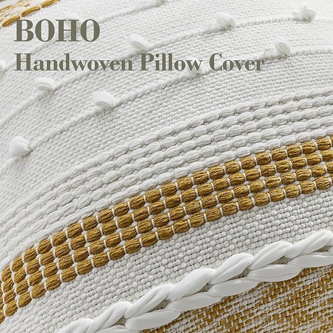 Boho Pillow Cover 18x18 Mustard Yellow - Handmade Woven Textured Throw Pillow Case with Cordings & Tassels, Decorative Accent for Couch Sofa Farmhouse Living Room Home Decor