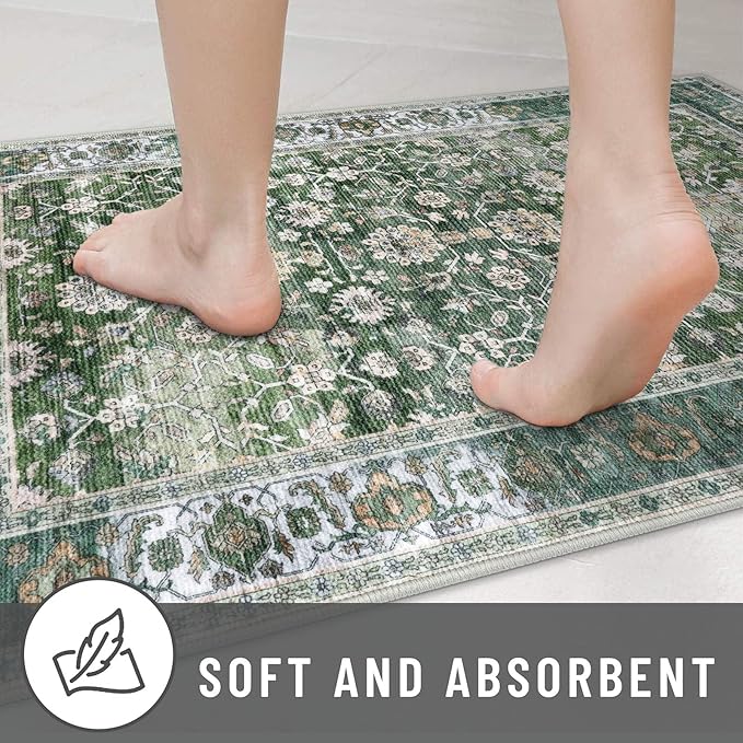 KUTA 3x5 Rugs for Entryway, Vintage Floral Area Rug Washable Non-Slip Green Ultra Thin Soft Printed Distressed Entry Low-Pile Throw Carpet for Bedroom Nursery Living Room