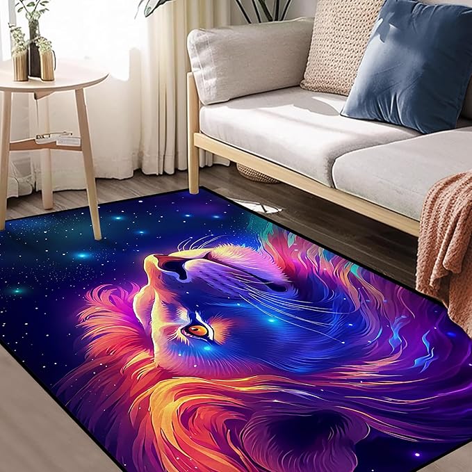 Galaxy Lion Rug 3D Fierce Lions Area Rugs for Kids Bedroom Living Room Playroom Gameroom Boys Glitter Carpet Throw Rugs Floor Mat 59 in x 39 in