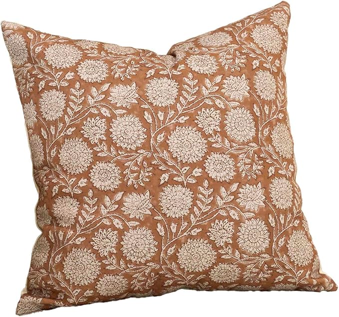 Amor Virisso Floral Throw Pillow Covers 20x20 Block Print Pillow Covers Vintage Neutral Couch Pillows for Living Room Farmhouse Decorative Accent Sofa Pillows, Brownish Orange