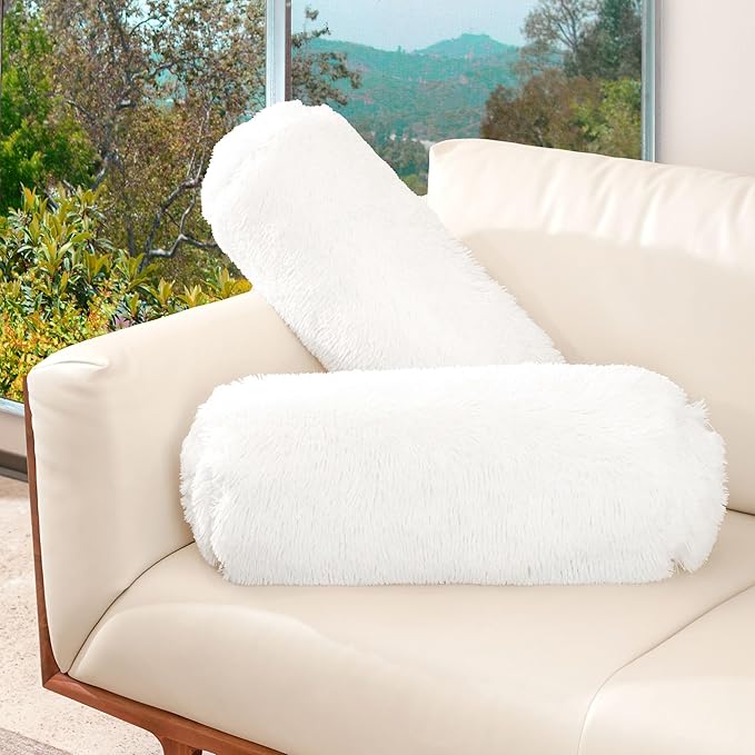 Cheer Collection Bolster Pillow. Set of 2 Shaggy Bolster Pillows, Decorative Cylinder Pillows for Bed & Couch, Round Neck Roll Pillow, Plush Tube Pillow for Lumbar, Head, Spine Support, White