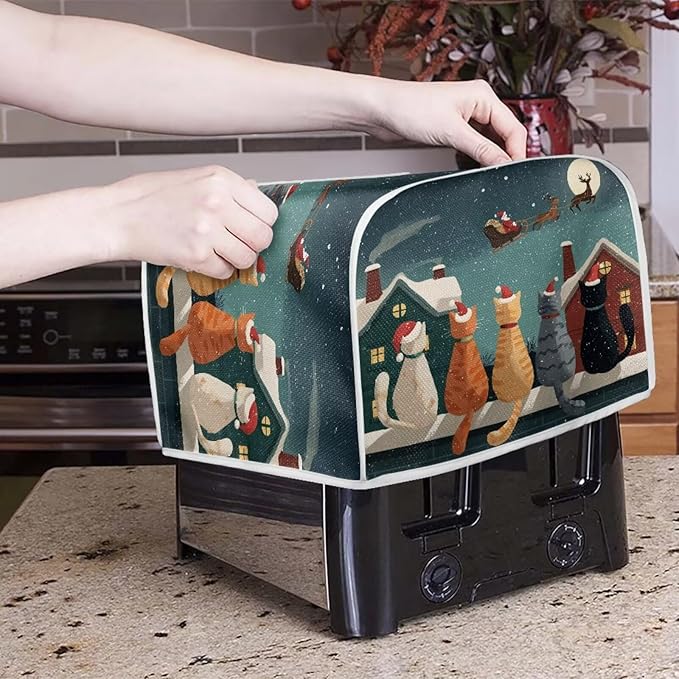Christmas Cat Printed Toaster Oven Cover for Home 4 Slice Toaster Cover Dirt and Fingerprint Protection Decorative Kitchen Accessories, Blue