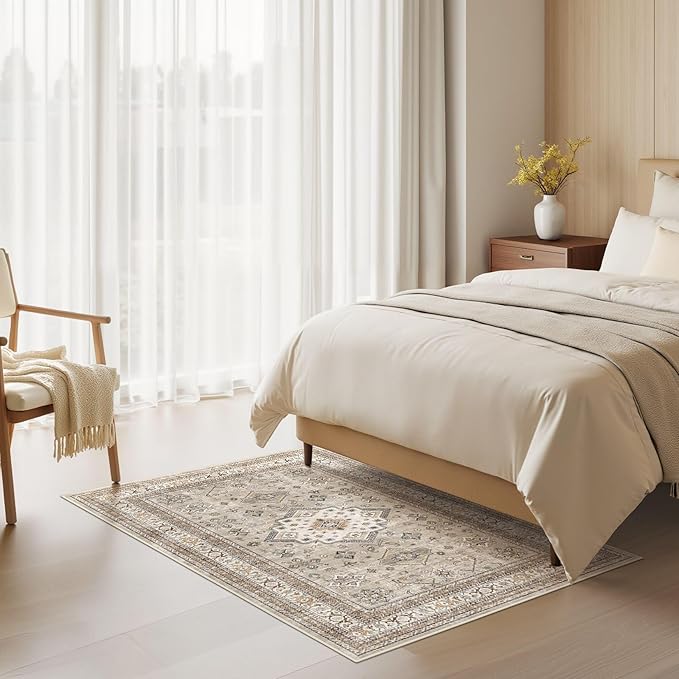 Vintage Living Room Area Rug 3x5 - Large Soft Washable Oriental Traditional Distressed Farmhouse Rugs for Bedroom - Indoor Floor Accent Carpet for Home Office House Decor - Beige
