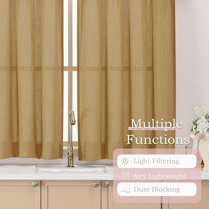 Simplebrand Gold Faux Linen Textured Semi Sheer Curtains 72 Inches Long 2 Panels Set, Light Filtering Privacy Farmhouse Curtains, Soft Window Drapes Rod Pocket Top for French Door, Bedroom, 40W x 72L
