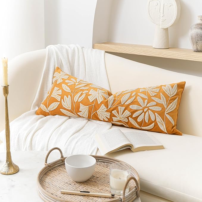 BlissBlush Fall Throw Pillow Cover 14x36 Long Body Lumbar Throw Pillow for Bed, Yellow Mustard Soft Velvet Accent Farmhouse Lumbar Throw Pillowcase for Bedroom Sofa Couch Home Décor