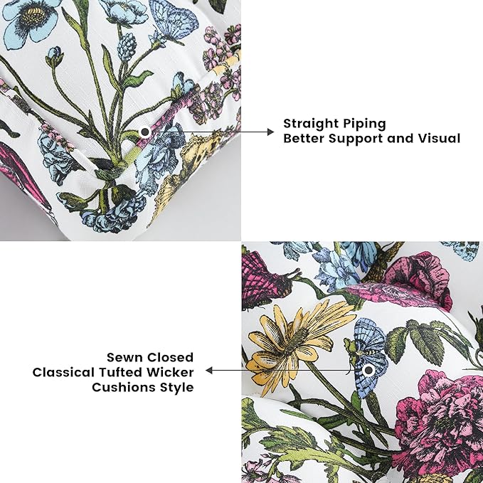 ARTPLAN Outdoor Seat Cushion,Square Thick Tufted Pure Chair Cushion for Patio Wicker Chair with Tie,Set of 2,19"x19"x5"，Floral