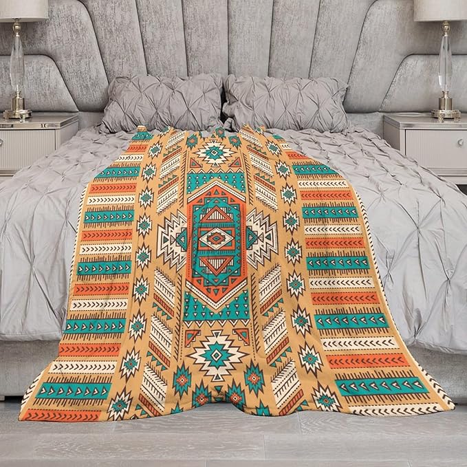 Aztec Throw Blanket, Tribal Navajo Print Native Blanket for Camping Outdoor Couch Sofa Bed 60"x80"