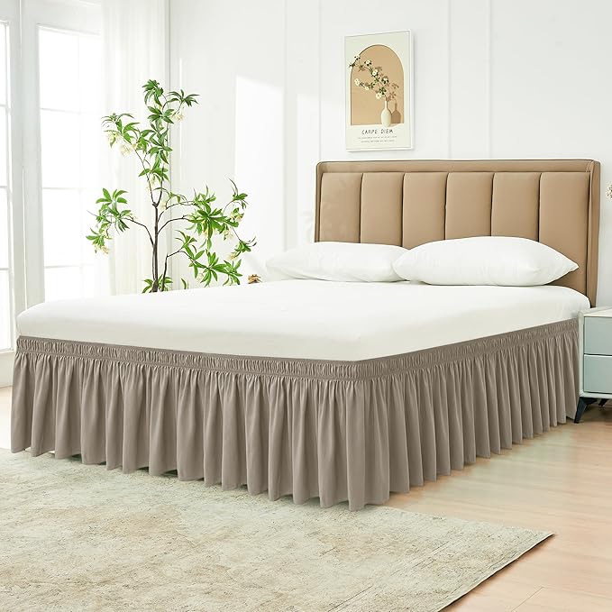 Biscaynebay Wrap Around Bed Skirts for Queen Size Beds 18" Drop, Taupe Adjustable Elastic Dust Ruffles Easy Fit Wrinkle Resistant Silky Luxurious Fabric Machine Washable