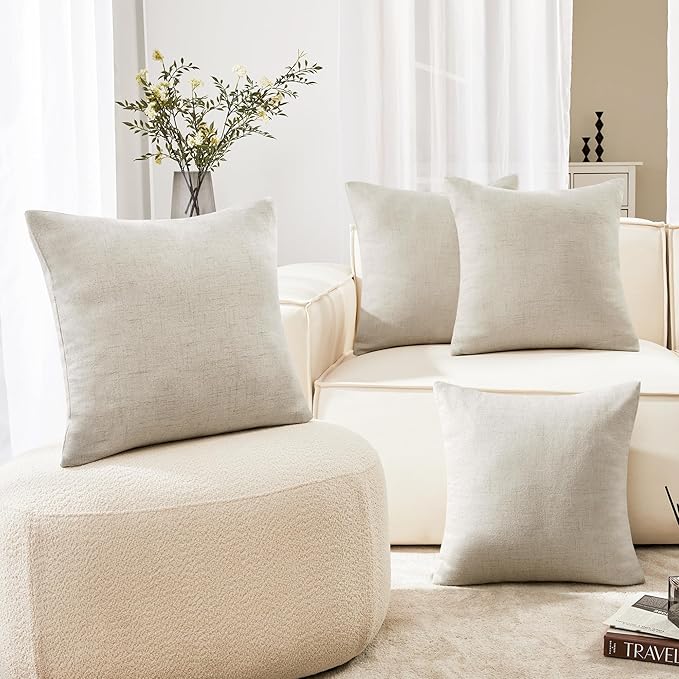 Deconovo Textural Faux Linen Throw Cushion Case Pillow Cover with Invisible Zipper for Couch 18 x 18 Inch Light Flax Set of 4 No Pillow Insert