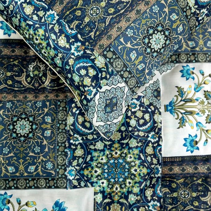 The HomeCentric King/Queen/Twin Blue Designer Twin 53"x18" Bed Runner with 2 Pillow Cover, Perrsian Pattern & Quilted Bed Scarf on Satin Fabric - Bahar