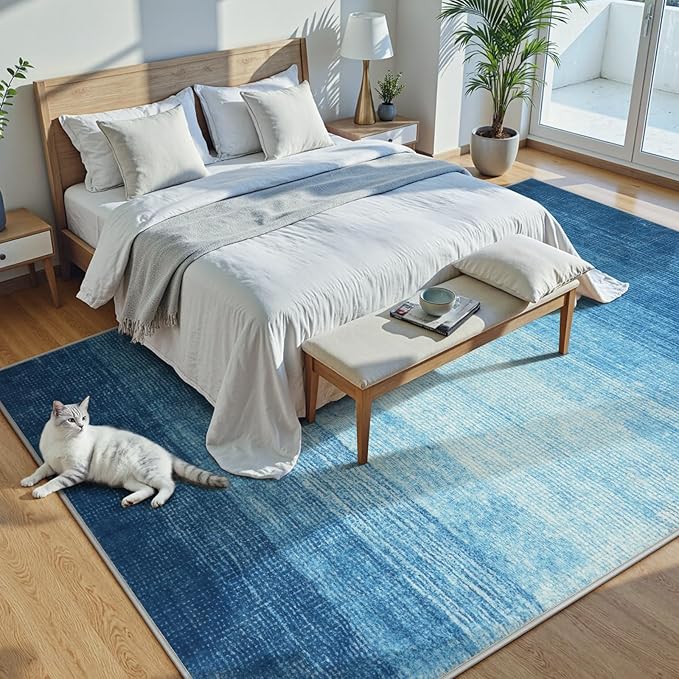 Wonnitar Modern Ombre Washable Area Rug, Blue 9x12 Large Living Room Rug, Non-Slip Soft Dining Room Rug for Under Table, Ultra-Thin Gradient Accent Carpet for Bedroom Mud Room (Blue, 9'x12')