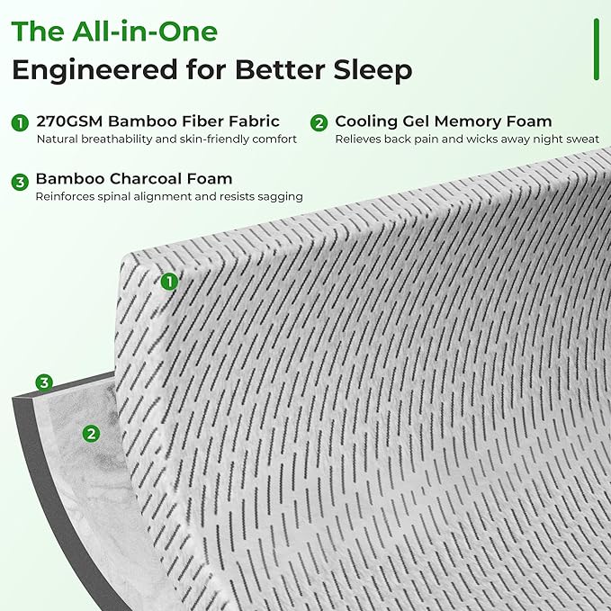 Bamboo Mattress Topper Twin XL Size 2 Inch, Cooling Gel & Bamboo Charcoal Memory Foam Mattress Topper for Back Pain Relief, Firm Dual-Layer Foam Bed Pad with Removable Cover College Dorm