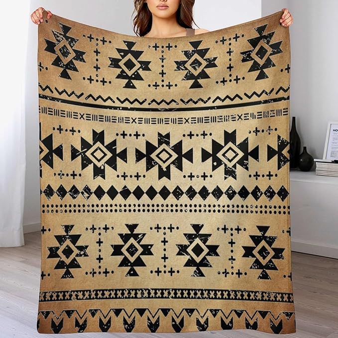 Tribal Aztec Throw Blanket, Southwestern Native Blanket, Vintage Ethnic Abstract Geometric Print Throws Cover for Couch Chair Sofa Bed Outdoor Beach Travel 50"x60"