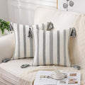 Smile Bee Boho Outdoor Couch Throw Pillow Covers Set of 2, Decorative Thick Woven Striped Accent Neutral Pillow Covers with Tassels for Bed Sofa Home Decor, 18x18 Inch, Black and Cream White