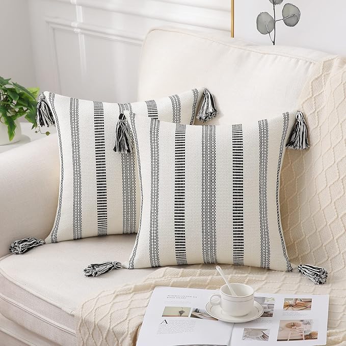 Smile Bee Boho Outdoor Couch Throw Pillow Covers Set of 2, Decorative Thick Woven Striped Accent Neutral Pillow Covers with Tassels for Bed Sofa Home Decor, 20x20 Inch, Black and Cream White