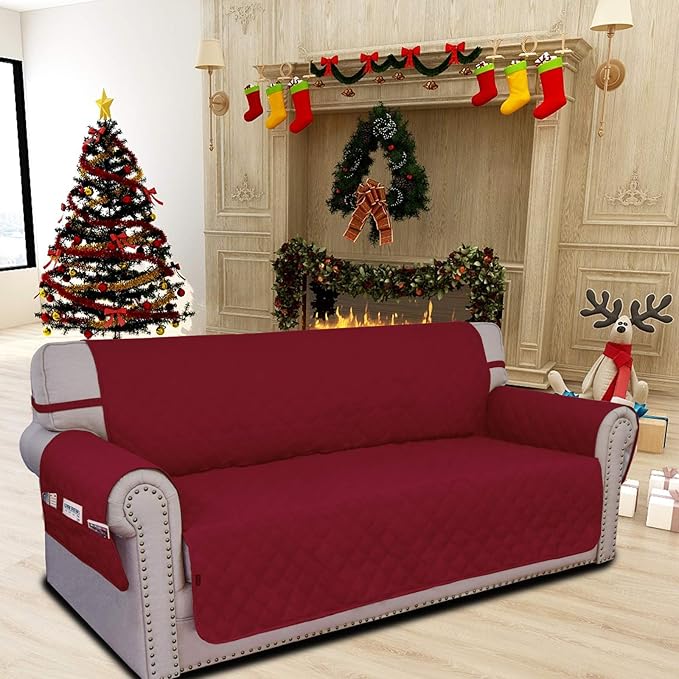 Easy-Going Sofa Slipcover Waterproof Couch Cover for 3 Cushion Couch Sofa Cover Furniture Protector Cover Pets Covers Washable Non-Slip Fabric Pets Kids Children Dog Cat (Sofa, Christmas Red)