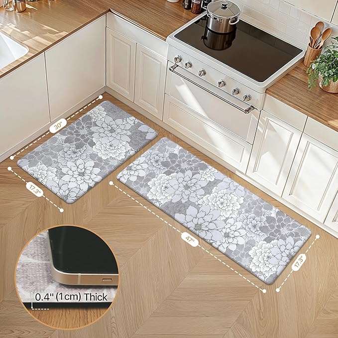 GENIMO Kitchen Mats for Floor, Kitchen Rugs Non Slip Washable Sets of 2, Waterproof Cushioned Anti Fatigue Mat, Floral Runner Rug for Laundry, Sink, Office, Home, 17.3"x47"+17.3"x30", Lavender Grey