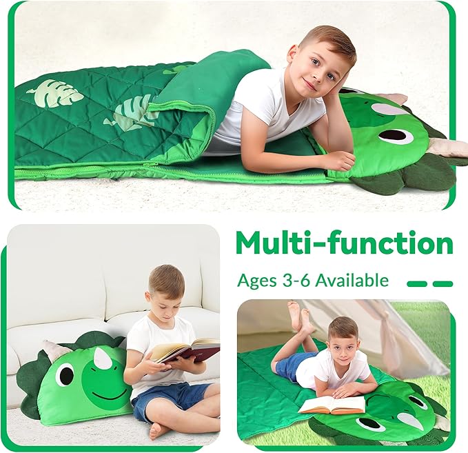 iPlay, iLearn Kid Sleeping Bag, Dinosaur Slumber Sack, Toddler Boy Nap Mat, 2 in 1 Green Dinos Cushion Blanket, Happy Travel Sleepover Daycare Preschool Birthday Gift for 3 4 5 6 Years Old Child