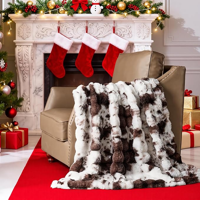 Lotus Karen Faux Fur Throw Blanket Cow Print-Dark Brown, Fluffy Fuzzy Plush Bubble Blanket for Couch, 60x50 Inches Cozy Shaggy Rabbit Blanket, Luxury Decorative Gifts for Sofa Bedroom Living Room.