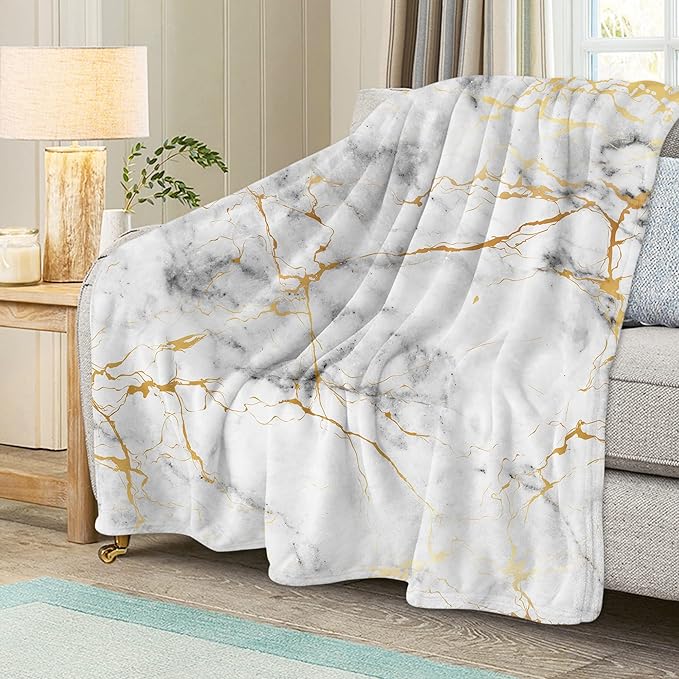 Gold Marble Throw Blanket for Couch, Super Soft Fuzzy Throws Warm Comfortable Plush Fleece Blanket, Fashion Decorative Flannel Fleece Blanket for All Season(40 x 50 in, Gold Marble)