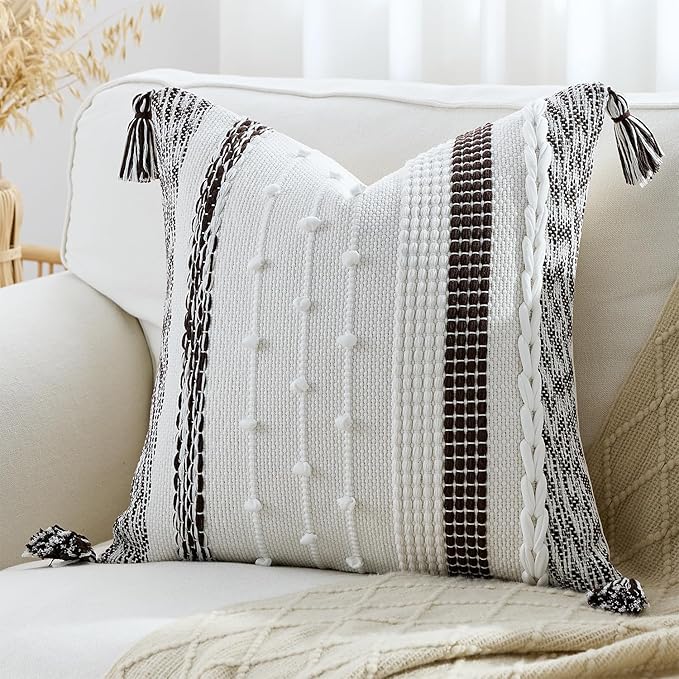 Boho Pillow Cover 18x18 Chocolate Brown - Handmade Woven Textured Throw Pillow Case with Cordings & Tassels, Decorative Accent for Couch Sofa Farmhouse Living Room Home Decor