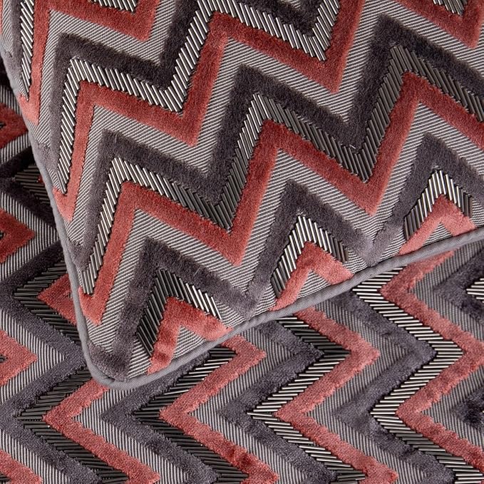 The HomeCentric Grey Bed Runner, Twin Size 53"x18" Decorative Bed Runner with Matching Pillow Cover, Peach & Grey Velvet Bed Scarf in Bead Embroidery - Blushed Chevron