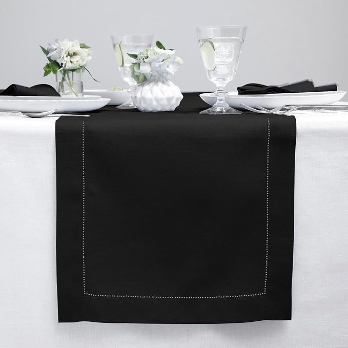 Solino Home Linen Black Table Runner 144 Inches Long - 100% Pure Linen Extra Long Table Runner 14 x 144 Inch for Holiday, Christmas, New Year - Classic Hemstitch