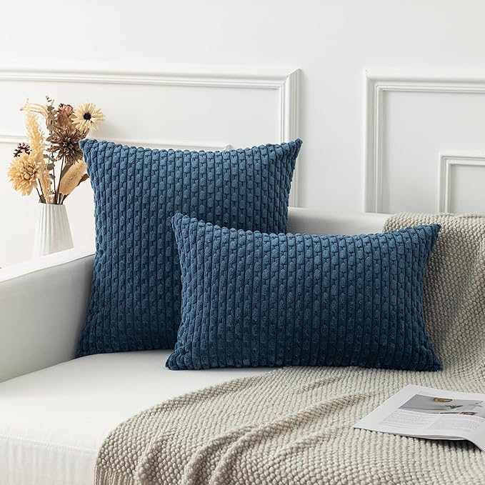 Kevin Textile 12x24 Inch Pillow Cover 1 Pack Boho Decorative Soft Striped Corduroy Lumbar Farmhouse Solid Color Accent Rectangle Cushion Case for Living Room Couch Sofa Bed, Blue