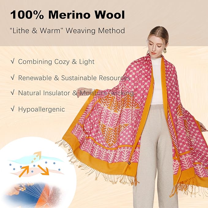 DANA XU 100% Merino Wool Pashmina Shawl for Women 96"x43", Oversized Cashmere Wrap with Tassels, Floral Travel Blanket Cape
