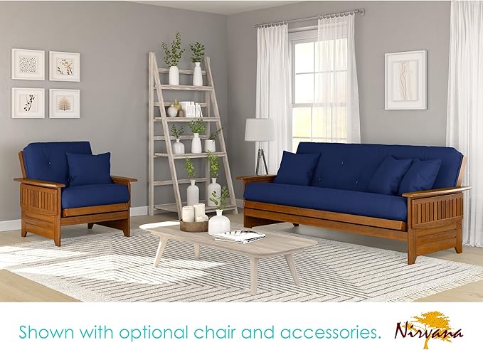 Nirvana Futons Brentwood Tray Arm Futon Sofabed Set - Queen Frame, 8" Royal Blue Mattress, Rich Heritage Finish