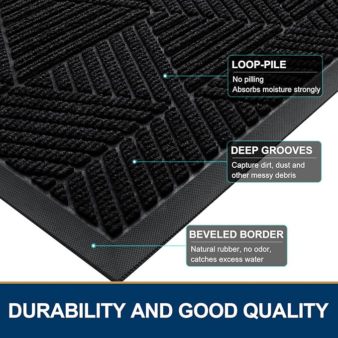 Smiry Front Door Mat Outside Entrance, Heavy Duty Sturdy Natural Rubber Doormat, Trap Dirt and Moisture, Easy Clean Low Profile Mats for Indoor Outdoor Entry, Irregular Triangle (59x35, Black)