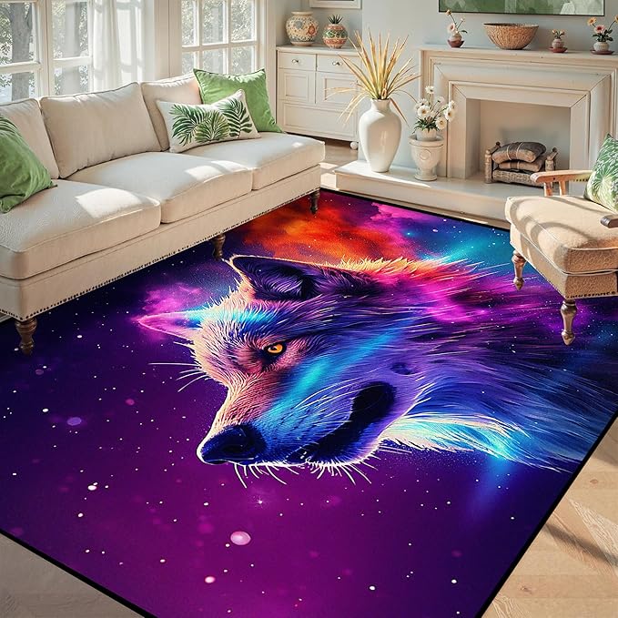 5' X 7' Galaxy Wolf Rug 3D Fierce Wolves Area Rugs for Bedroom Living Room Playroom Gameroom Boys Kids Colorful Glitter Throw Rugs Floor Mat Carpet