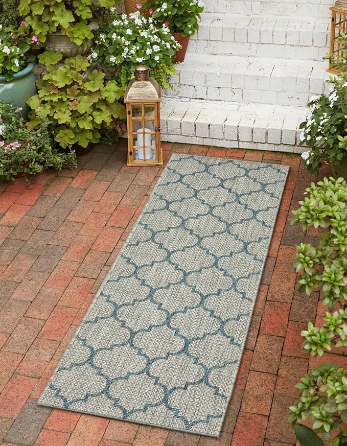 Unique Loom Outdoor Trellis Collection Area Rug (2' x 6' 1" Runner, Gray/ Ivory)