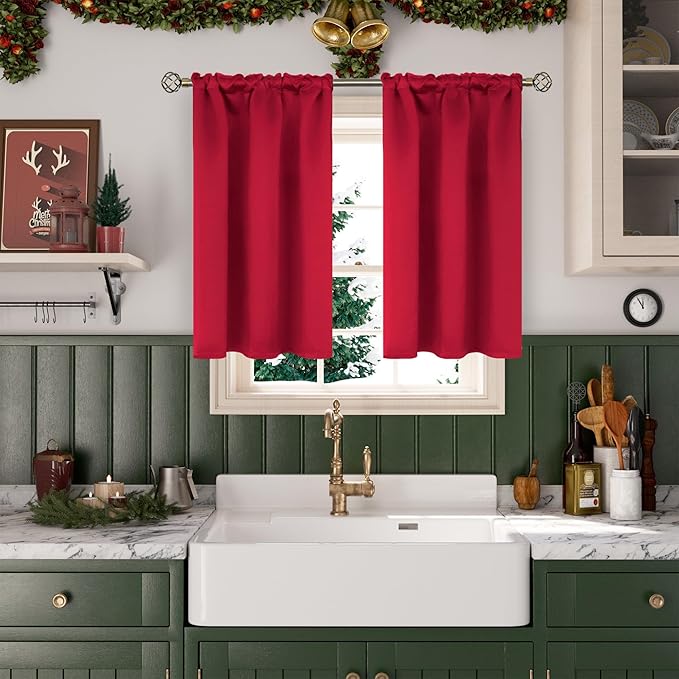 BGment Red Blackout Kitchen Curtains 40 Inch Length - Short Thermal Insulated Darpes with Rod Pocket Privacy Christmas Decor for Cafe Bathroom Window, 2 Panels, 34 x 40 Inch