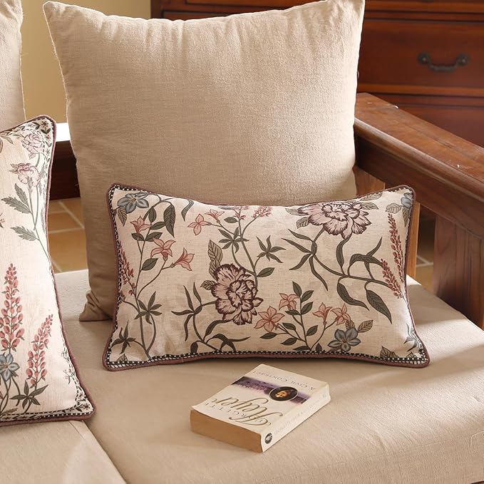 ISAENNE Design Linen Vintage Throw Pillow Covers 12"x20", Rectangle Cushion Covers with Blue Pink Flowers Green Leaves Pattern Decoration Pillowcases for Bed,Living Room,Outdoor,Car