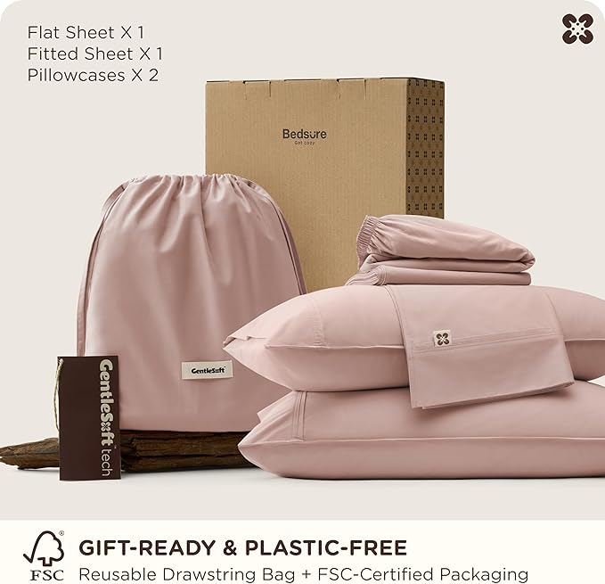 Bedsure Cooling Sheets, Rayon Derived from Bamboo & Cotton Blend, GentleSoft, Breathable, King Size Sheets Set, Deep Pocket Up to 18", Hotel Luxury Bedding for Hot Sleepers, Rose Pink